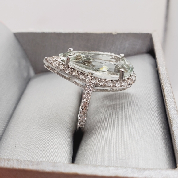 Montezuma Prasiolite & White Zircon Pear Shape Halo Ring in Platinum | Sterling